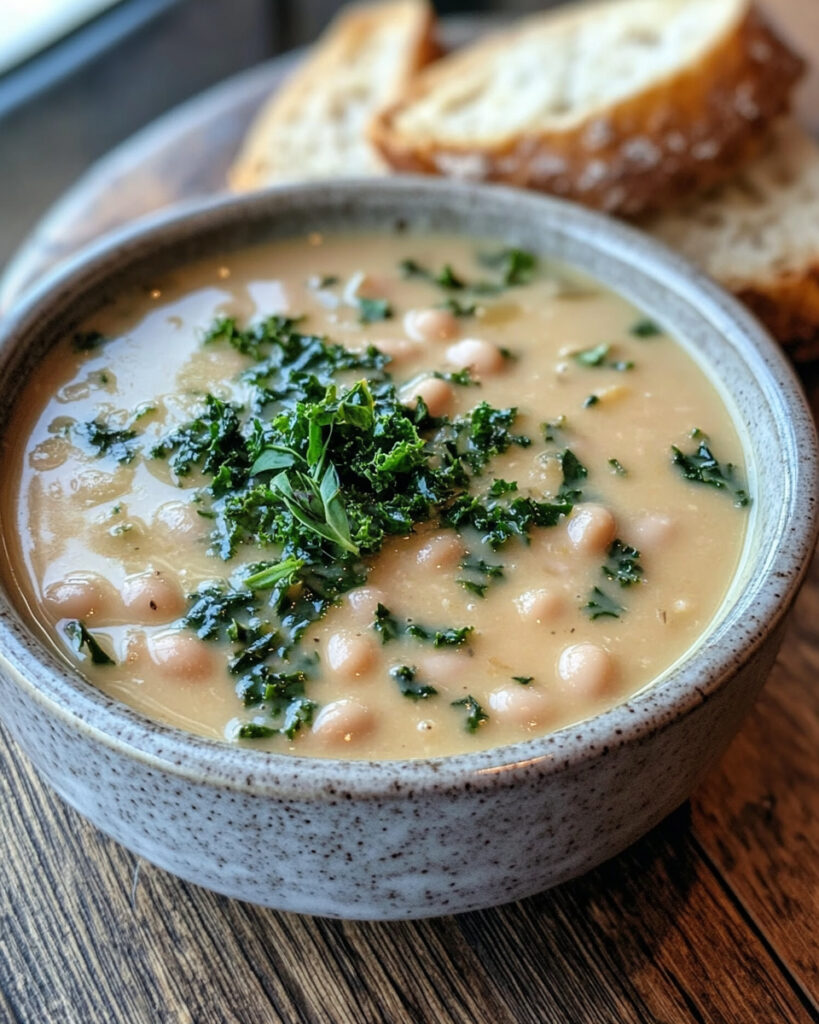Zuppa cremosa di fagioli bianchi e cavolo riccio