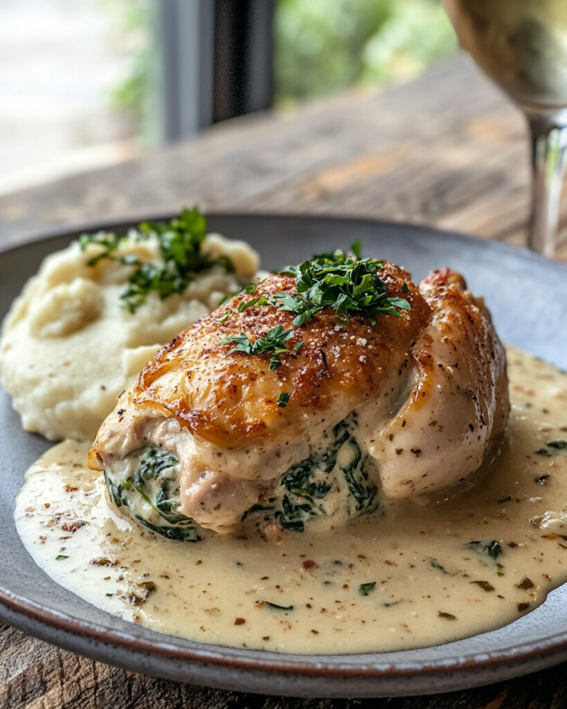 Pollo ripieno di spinaci cremosi al parmigiano
