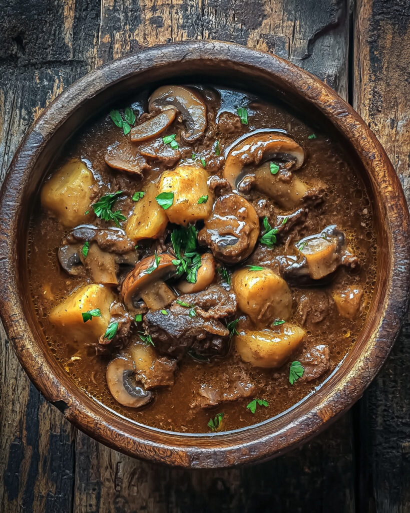 Spezzatino di manzo e funghi in pentola a cottura lenta